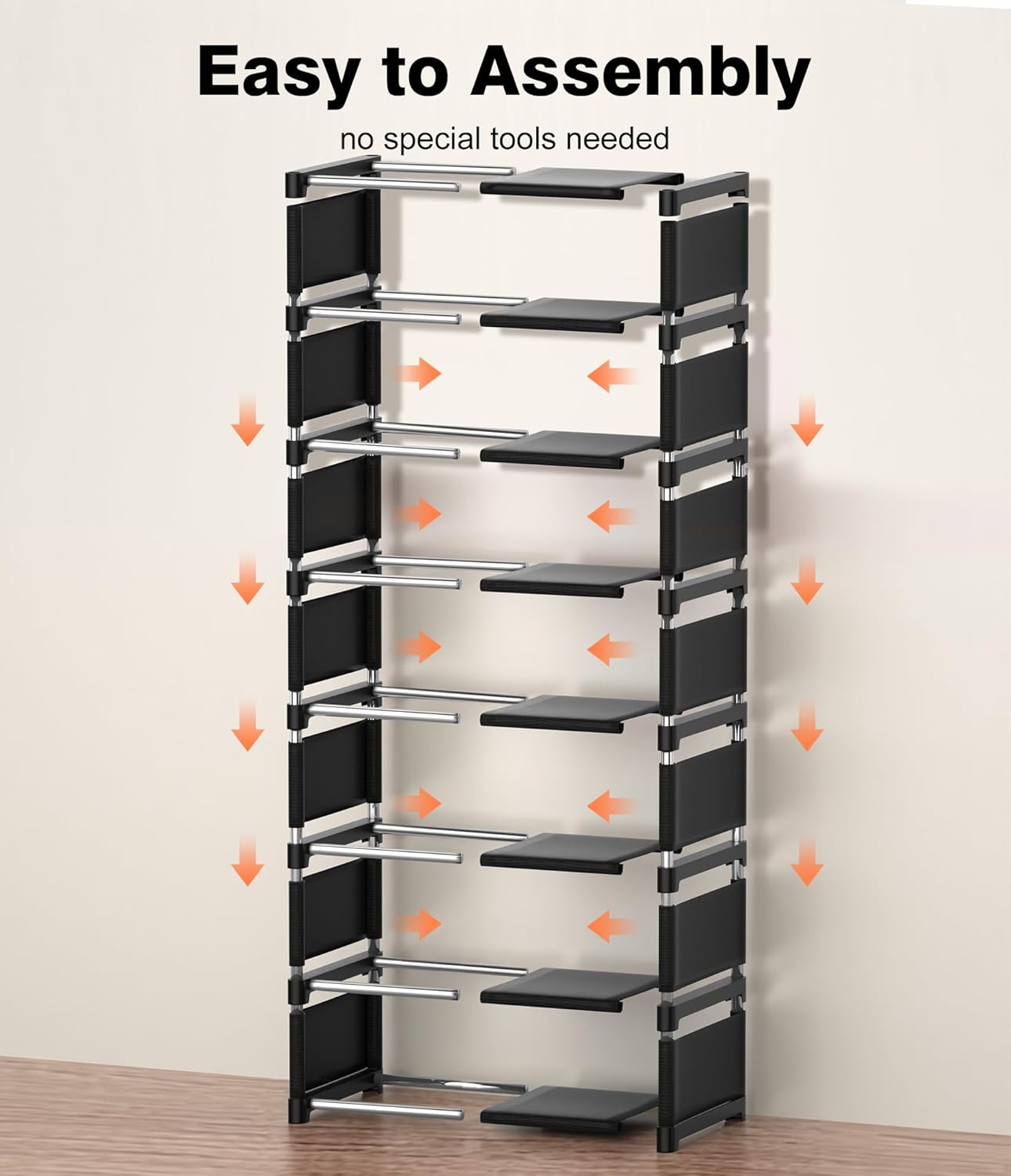 Narrow Shoe Rack 8 Tier, Slim Vertical Shoe Organizer for Small Spaces, Stackable Shoe Storage Shelf with Metal Frame & Fabric Shelves, Shoe Rack for Closet Entryway Bedroom