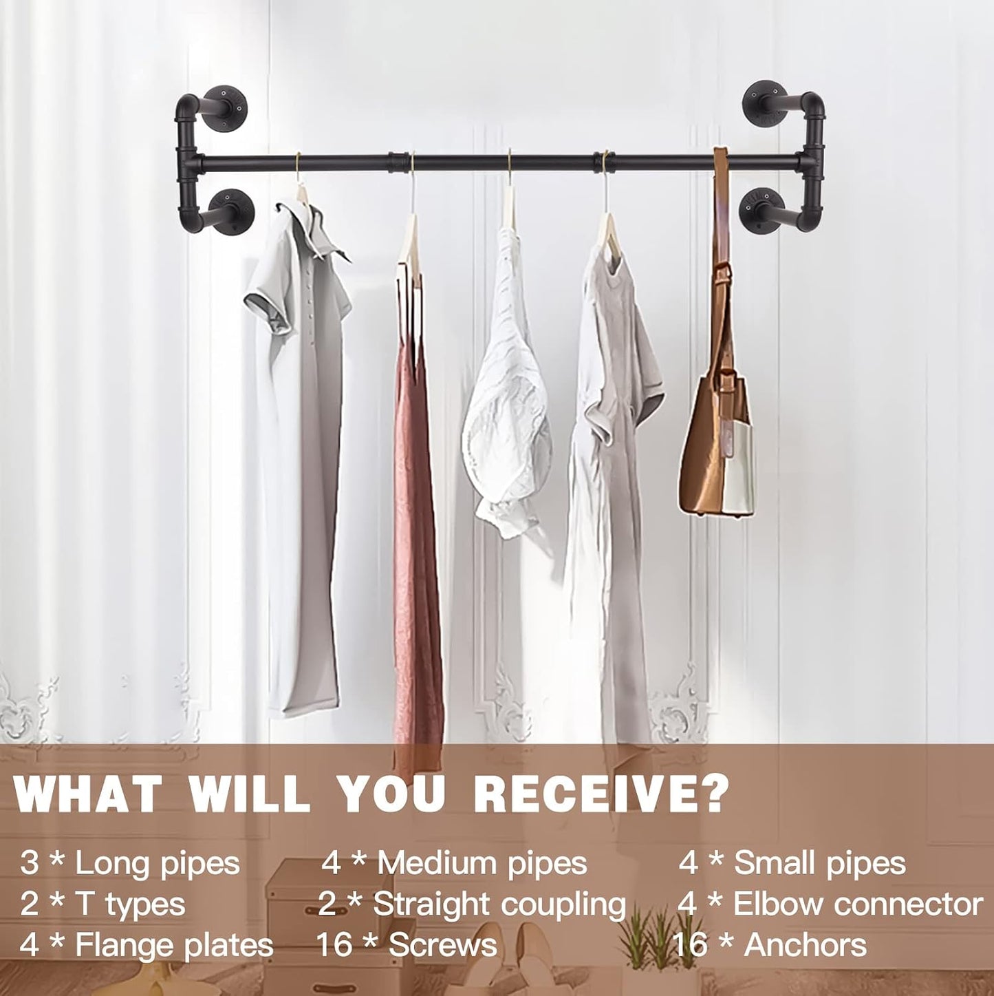 Gold Wall Mount Iaundry Drying Rack - 54" Pipe Garment Rack, Portable Heavy Duty Iron Closet Hanger Rod, Modern Metal Detachable DIY Hanging Bar for Laundry Room and Closet Storage