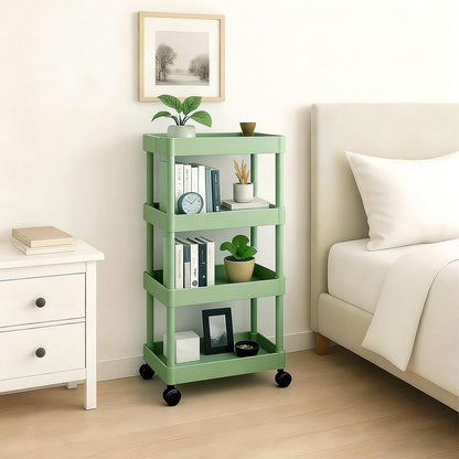 ShellKingdom 4 Tier Bathroom Storage Organizer, Slim Rolling Storage Cart for Narrow Space, Mobile Shelving Unit with Lockable Wheels and Hooks for Bathroom, Kitchen, Laundry Movable Shelf (Green)