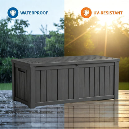 MAKINO 152 Gallon Resin Outdoor Storage Box, Waterproof Deck Box with Lockable Lid, Outside Storage Box for Patio Furniture, Pool Accessories, Garden Tools, Storage Bench for Backyard, Porch, Black