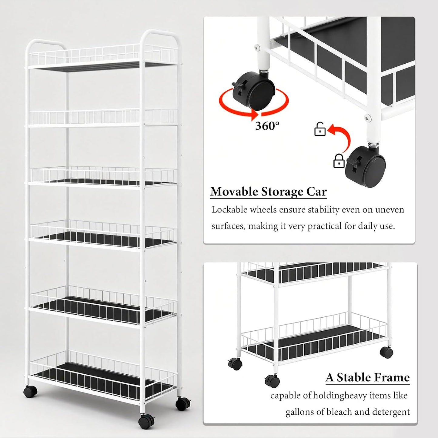 10in 6-Tier Slim Storage Cart with Wheels, Metal 10in Wide Black Narrow Rolling Shelf, Sturdy Slim Storage with Hooks Ideal for Kitchen, Bathroom, and Laundry Room