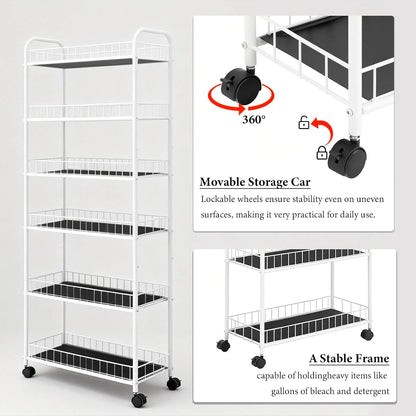 10in 6-Tier Slim Storage Cart with Wheels, Metal 10in Wide Black Narrow Rolling Shelf, Sturdy Slim Storage with Hooks Ideal for Kitchen, Bathroom, and Laundry Room