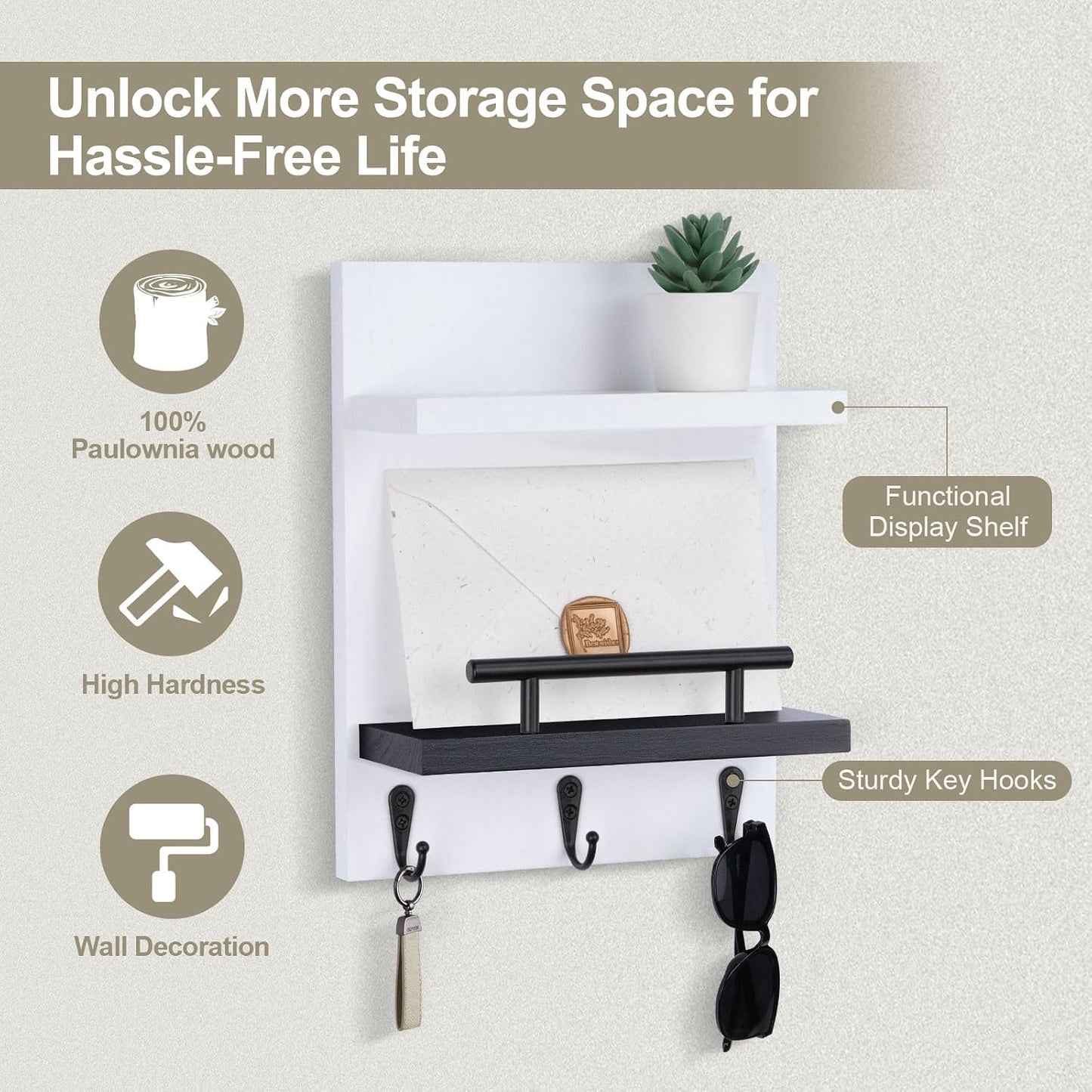 Key Holder Wall Mount, Mail Shelf Decor with 3 Key Hooks, Versatile Wood Wall Organizer for Entryway Hallway (8.2” x 10.6”x 3.6”) (White)