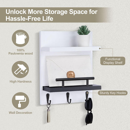Key Holder Wall Mount, Mail Shelf Decor with 3 Key Hooks, Versatile Wood Wall Organizer for Entryway Hallway (8.2” x 10.6”x 3.6”) (White)
