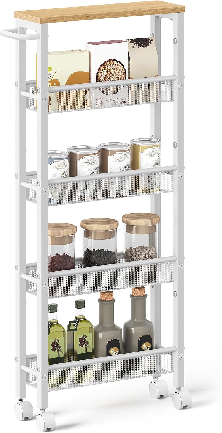 VASAGLE Slim Rolling Cart, 4-Tier Narrow Storage Cart with Handle, 5.1 Inches Deep, Metal Frame, for Kitchen, Dining Room, Living Room, Home Office, Rustic Brown and Classic Black ULRC032B01V1