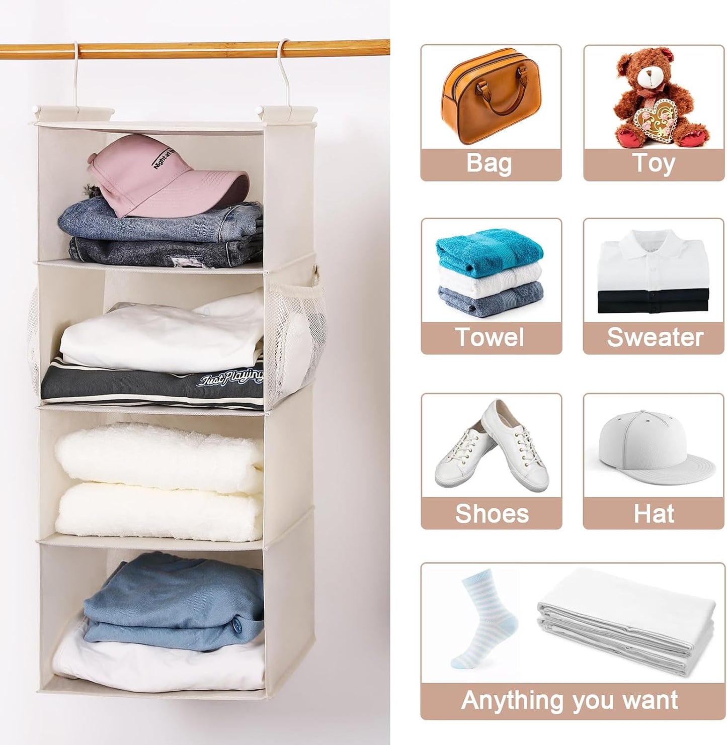 MAX Houser 4-Shelf Hanging Closet Organizer, Space Saver, Cloth Hanging Shelves with 2 Side Pockets, Foldable (Beige)