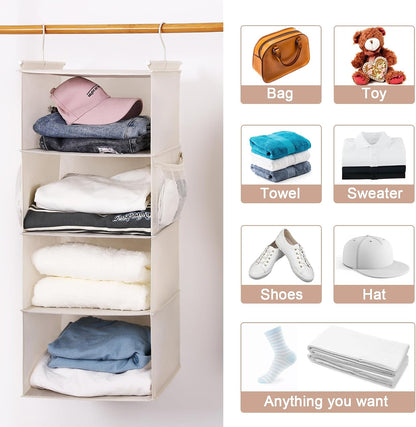MAX Houser 4-Shelf Hanging Closet Organizer, Space Saver, Cloth Hanging Shelves with 2 Side Pockets, Foldable (Beige)