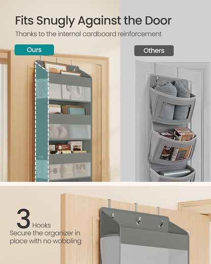 SONGMICS Over-the-Door Organizer, 5-Tier Door Hanging Storage Shelf, Heavy-Duty Closet Hanging Organizer Foldable, Transparent, Pockets, Metal Hooks, Ink Black URDH010BH01