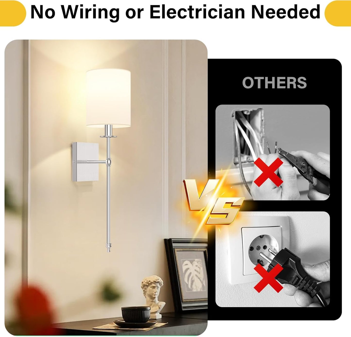 24.8 Inch Black Battery Operated Wall Sconces Set of 2, Rechargeable Wireless Wall Lights with Remote & White Fabric Shade, Indoor Not Hardwired Dimmable Wall Lamps for Bedroom, 2 Bulbs Included