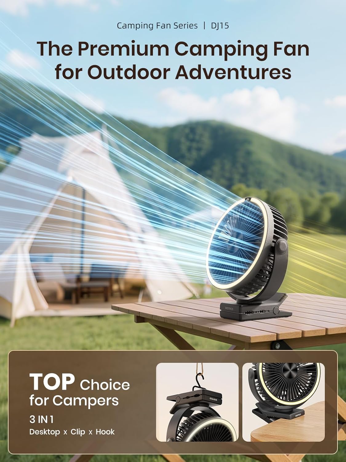 Warmco 15000mAh Clip on Fan with LED Light for Camping and Golf Car | 12-30H Runtime, 300H+ Light, USB-C Two-Way Charging, 3-Level LED Light, Clip Hook Desk Use, 4 Speeds
