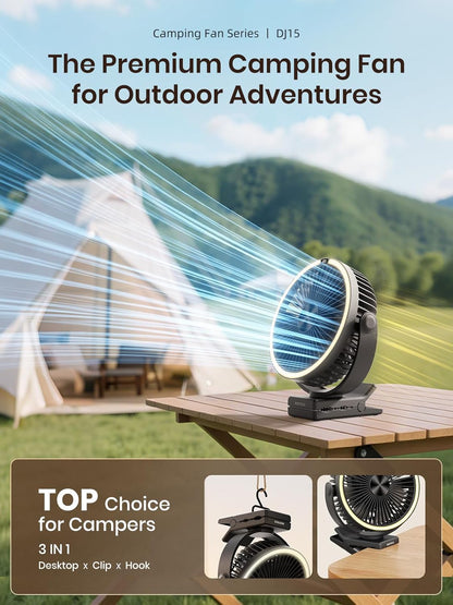 Warmco 15000mAh Clip on Fan with LED Light for Camping and Golf Car | 12-30H Runtime, 300H+ Light, USB-C Two-Way Charging, 3-Level LED Light, Clip Hook Desk Use, 4 Speeds