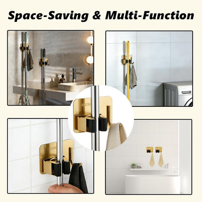 Mop and Broom Organizer Wall Hanging No Drill,Metal Utility Tool Hangers Wall Mountable,Garage Closet Organizer Heavy,Storage Rack Self Adhesive 2Pcs for Bathroom, Kitchen, Office,Laundry.Gold
