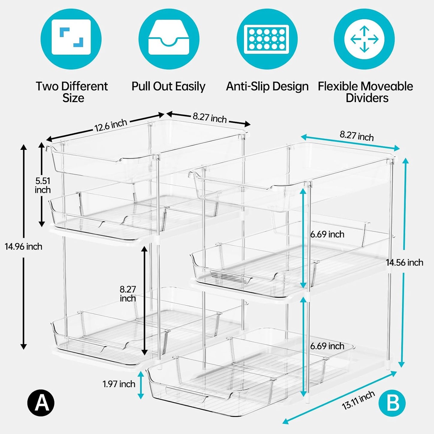 Delamu 2 Sets of 3-Tier Bathroom Under Sink Organizers and Storage, Multi-Purpose Stackable Pantry Organization and Storage, Pull Out Clear Kitchen Bathroom Cabinet Organizer with Movable Dividers | Storage