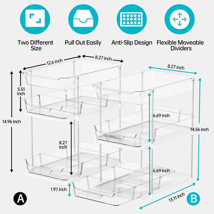Delamu 2 Sets of 3-Tier Bathroom Under Sink Organizers and Storage, Multi-Purpose Stackable Pantry Organization and Storage, Pull Out Clear Kitchen Bathroom Cabinet Organizer with Movable Dividers | Storage