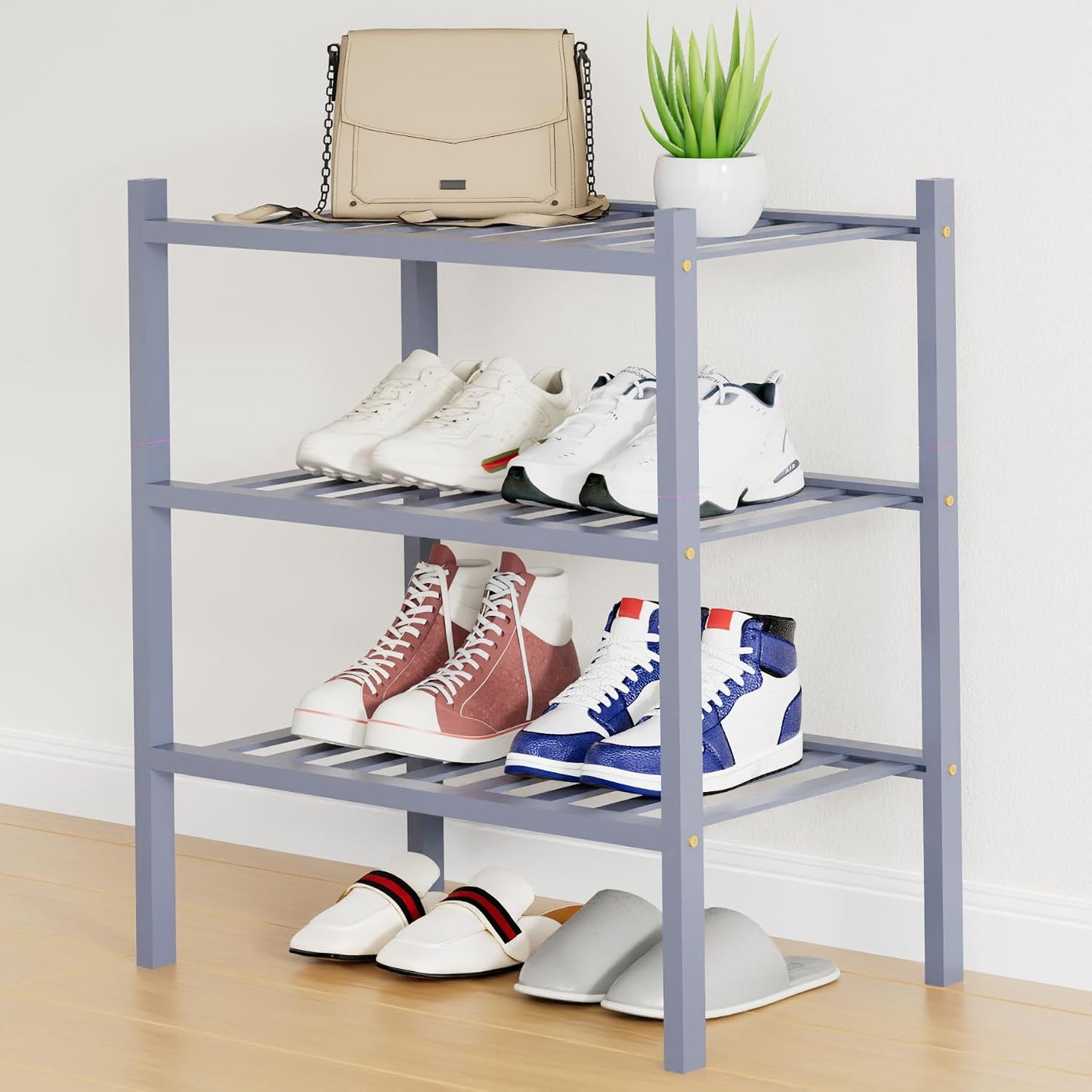 Smiry Bamboo Shoe Rack, 3 Tier Free Standing Wooden Shoe Organizer, Stackable Wood Shoe Storage Shelf for Closet, Entryway, 12 Vertical Slats, 2+1 Stack Standard Legs, 26.8"x11"x19.5", Natural