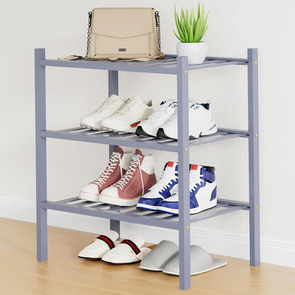 Smiry Bamboo Shoe Rack, 3 Tier Free Standing Wooden Shoe Organizer, Stackable Wood Shoe Storage Shelf for Closet, Entryway, 12 Vertical Slats, 2+1 Stack Standard Legs, 26.8"x11"x19.5", Natural
