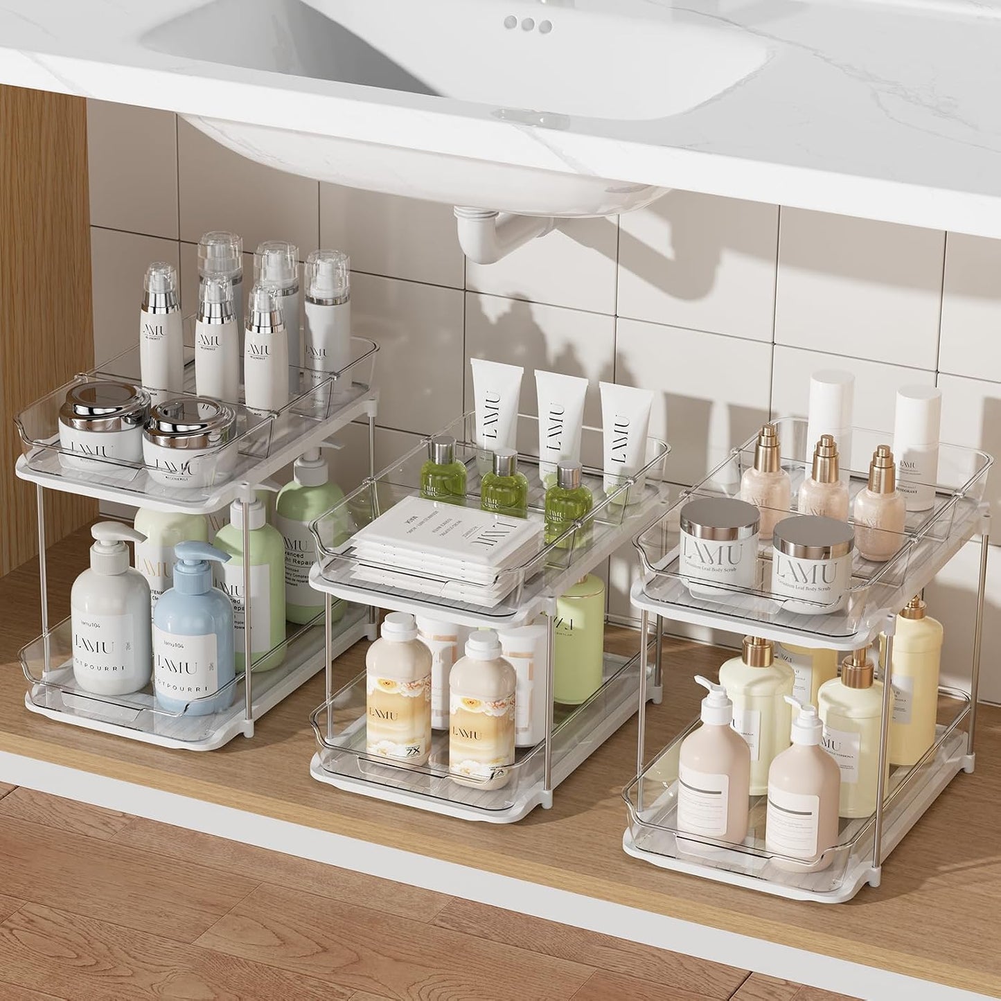 Delamu 2 Sets of 3-Tier Bathroom Under Sink Organizers and Storage, Multi-Purpose Stackable Pantry Organization and Storage, Pull Out Clear Kitchen Bathroom Cabinet Organizer with Movable Dividers | Storage