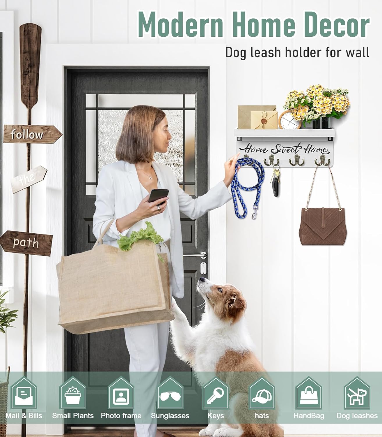 buways Key Holder Wall Mount with 4 Double Hooks-Solid Wood Wall-Mounted Organizer for Keys&Mail Rustic Key Rack Hanger Holder Home Decor for Entryway Living Room (Gray)