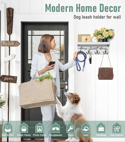 buways Key Holder Wall Mount with 4 Double Hooks-Solid Wood Wall-Mounted Organizer for Keys&Mail Rustic Key Rack Hanger Holder Home Decor for Entryway Living Room (Gray)