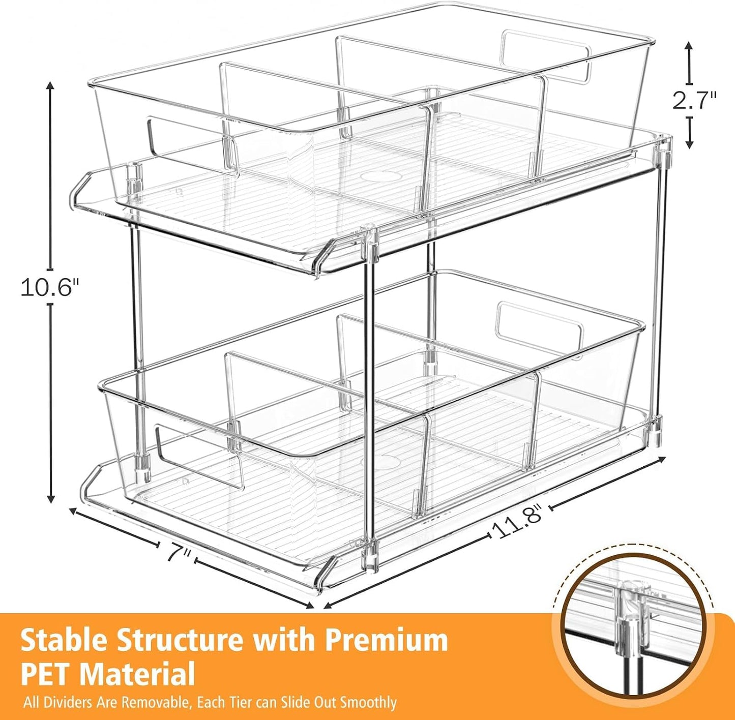 Fabspace Bathroom Under Sink Organizers and Storage, 2 Tier Vanity Countertop Pull-out Cabinet Organizer, Storage Container, Multi-Purpose Kitchen Pantry Organization with Dividers, 2 Packs