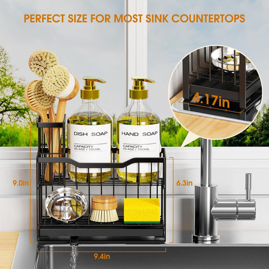 2-Tier Rustproof Kitchen Sink Caddy with Self-Draining Tray, Dish Brush & Sponge Holder, Non-Slip Base - Black