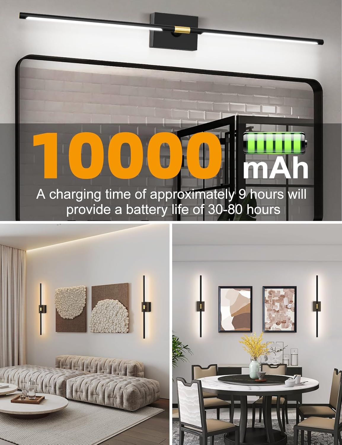 Battery Operated Wall Sconces Set of 2: 10000mAh Rechargeable Wall Lights with Remote, 360° Rotate 3000K-6000K LED Wireless Wall Light Fixtures Decor for Bedroom Living Room Hallway Picture Lighting