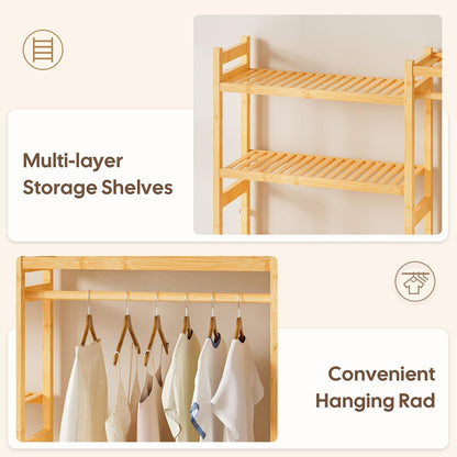 Cozivolife Over The Washer and Dryer Storage Shelf Bamboo,5 Tiers Laundry Room Drying Rack with Adjustable Shelves and 4 Hooks,Space Saver Organizer for Hanging Clothes and Towels (White)