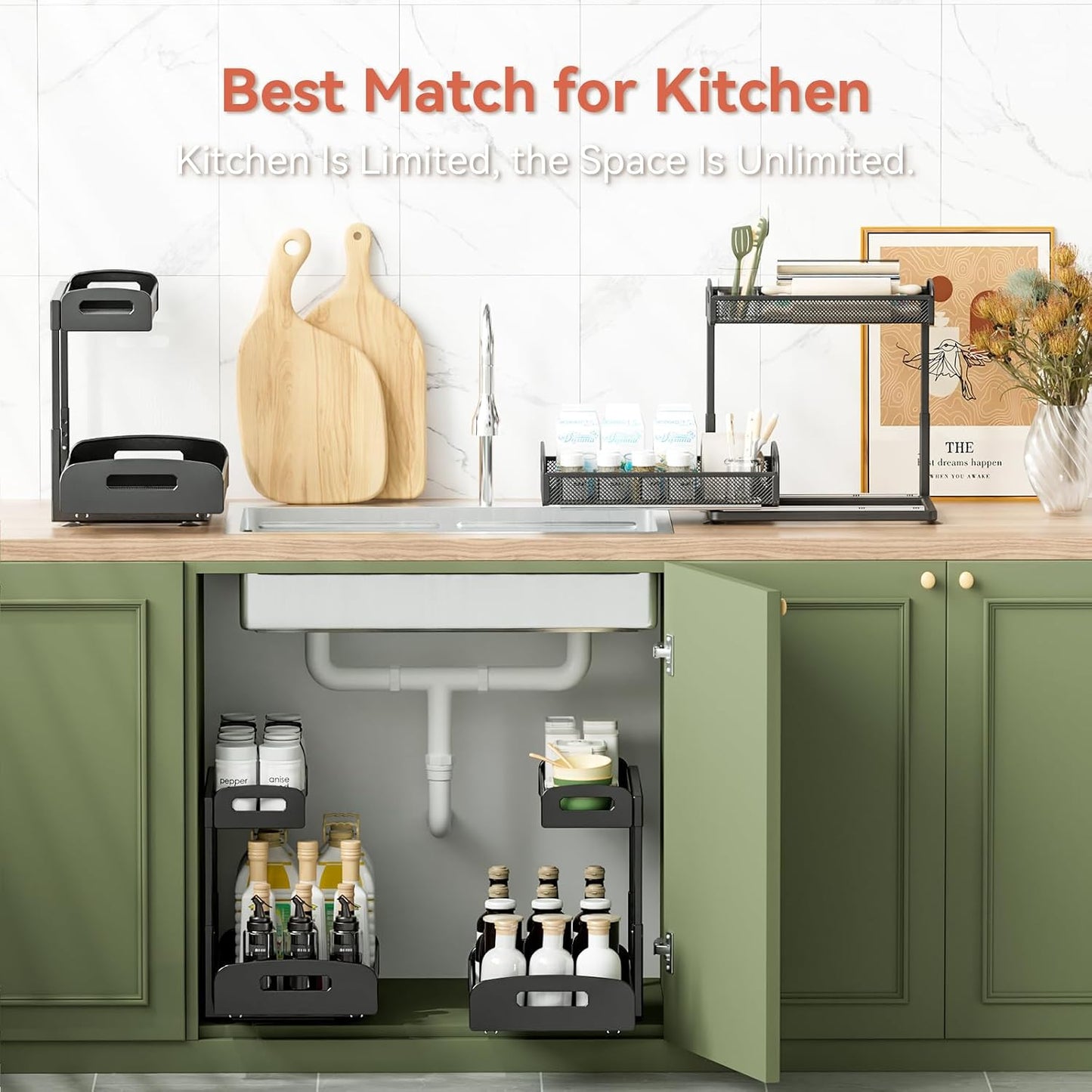 YASONIC 2 Pack Under Sink Organizer, 2 Tier Height Adjustable Kitchen Cabinet Organizer, Pull Out Metal Cabinet Shelf Organizer, Under the Sink Organizers and Storage for Kitchen & Bathroom, Black