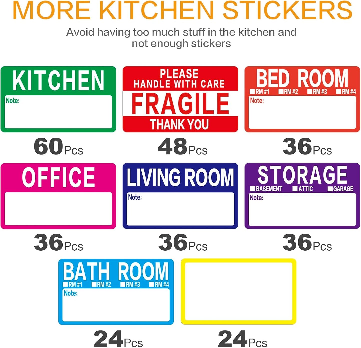 300 Count 3.5 x 2 Large Home Moving Packing Box Labels for 3-4 Bedroom House with Writable Notes Areas, 7 Color Coded Moving Labels for Boxes + Fragile Moving Stickers