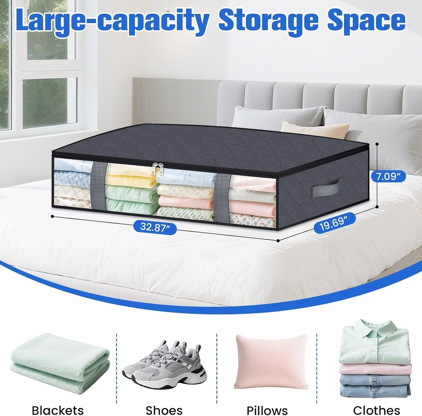 TasticTotes Under Bed Storage Containers, 4 Pack Blanket Storage Bags, Collapsible Storage Bags with Big Zippers, Clear Front, Shoe Storage and Organization for Clothes, Comforter, 60L, Grey