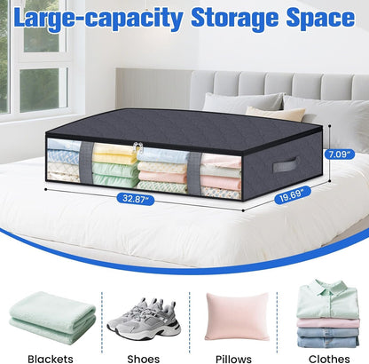 TasticTotes Under Bed Storage Containers, 4 Pack Blanket Storage Bags, Collapsible Storage Bags with Big Zippers, Clear Front, Shoe Storage and Organization for Clothes, Comforter, 60L, Grey