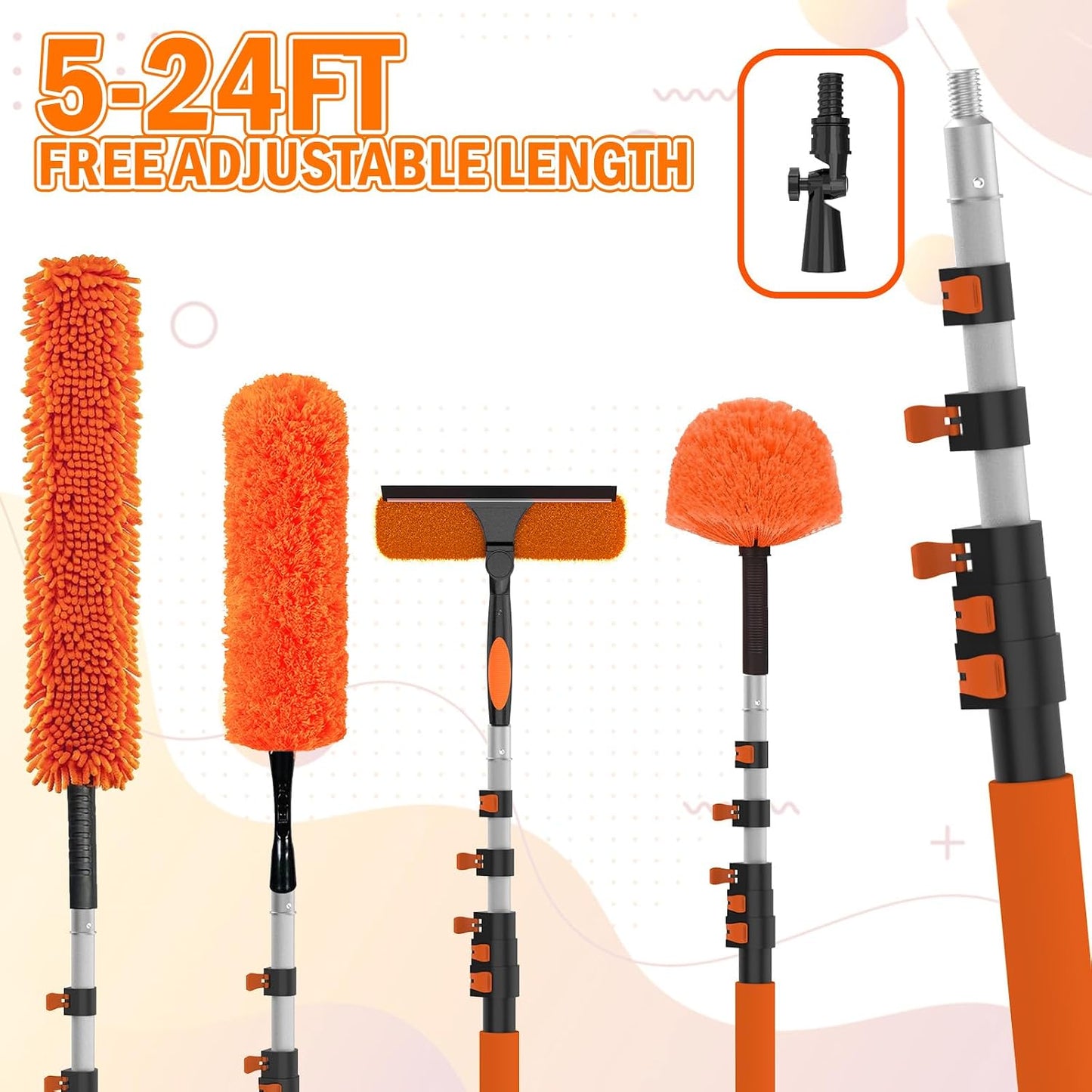 LAANPOLE 26FT High Reach Duster Cleaning Kit with Extension Pole, High Ceiling Fan Cleaner Duster Tool for Fan Blades, Window Washing Kit with Microfiber Feather Duster & Window Squeegee