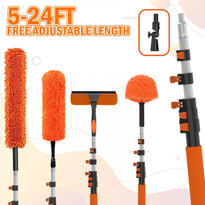 LAANPOLE 26FT High Reach Duster Cleaning Kit with Extension Pole, High Ceiling Fan Cleaner Duster Tool for Fan Blades, Window Washing Kit with Microfiber Feather Duster & Window Squeegee