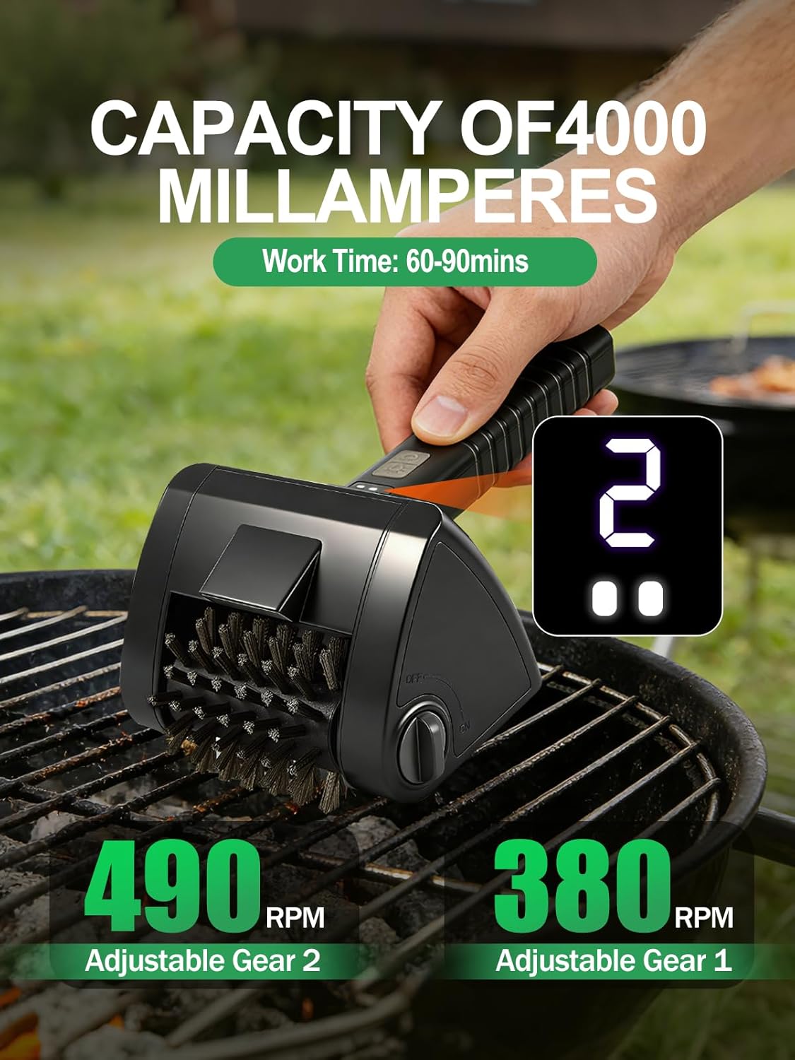 Electric Grill Brush, Cordless Rechargeable BBQ Cleaner with 4000mAh Battery, 2-Speed, LED Light, 304 Stainless Steel Removable Brush Head, Grill Clean Tool for Outdoor Grill