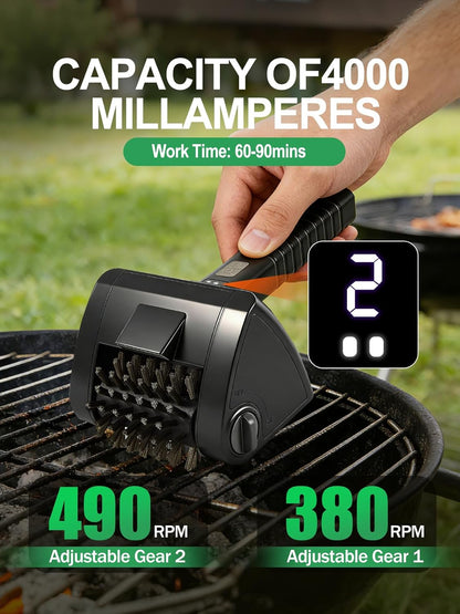 Electric Grill Brush, Cordless Rechargeable BBQ Cleaner with 4000mAh Battery, 2-Speed, LED Light, 304 Stainless Steel Removable Brush Head, Grill Clean Tool for Outdoor Grill