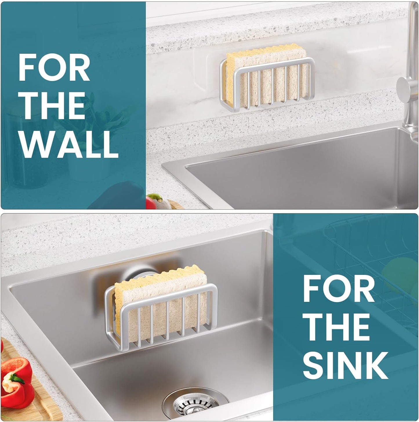 TAILI Sponge Holder with Strong Suction Cup, Dish Sponge Caddy Inside Sink Removable, Rustproof Aluminum for Sponges, Brushes, Stoppers and Scrapers - Black