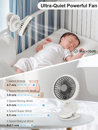10000mAh Oscillating Desk Clip on Fan,USB Rechargeable,Portable Small Personal Fans,6-Inch Quiet,5Speed Strong Wind,Sturdy Clip,for Office/Bedroom/Room/Camping/Travel/Tent/Stroller.White