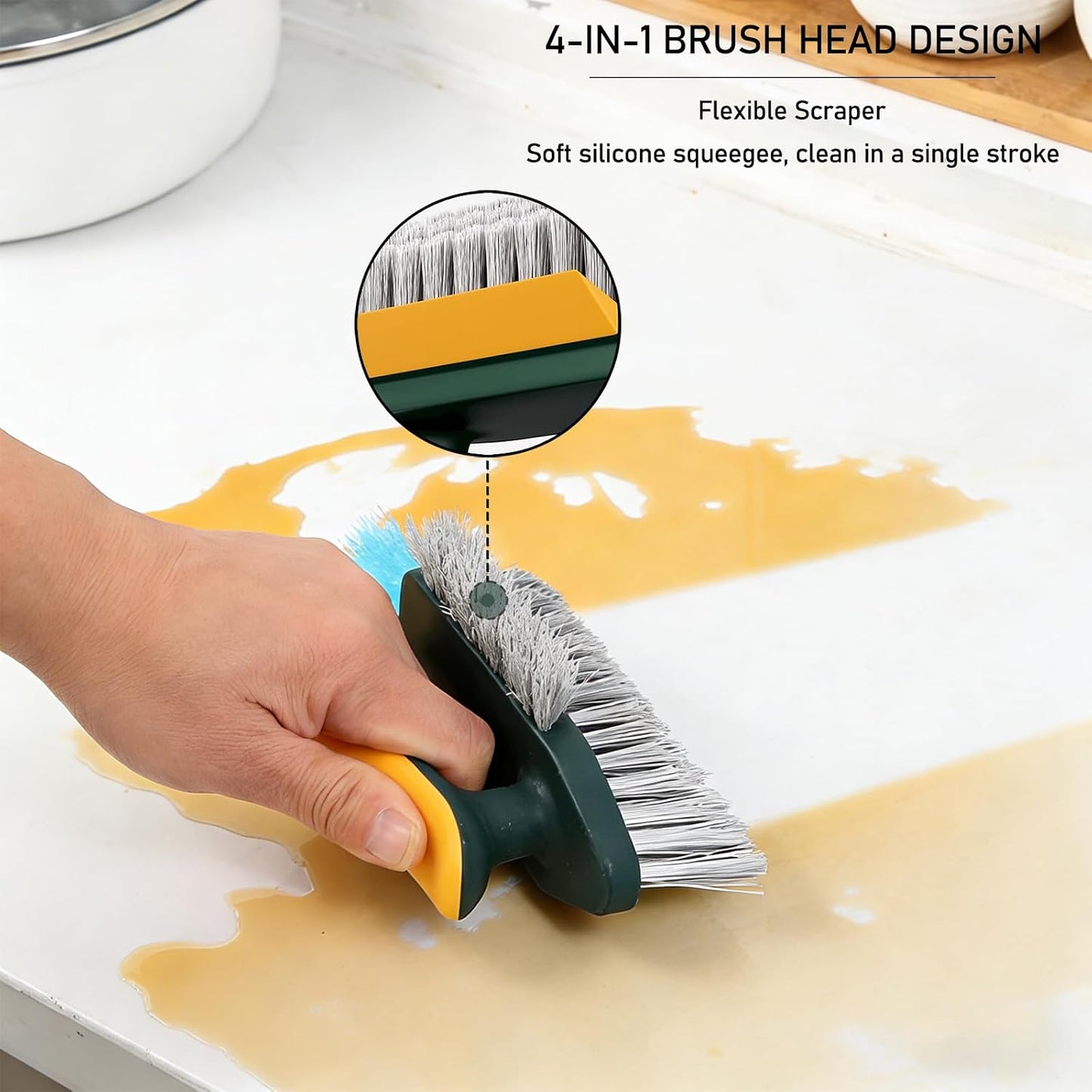 4 in 1 Scrape Brush with Rubber Squeegee, Shower Cleaning Brush, Heavy Duty Cleaning Brushes with Handle, for Shower, Bathroom, Carpet, Wall, Kitchen (Green)