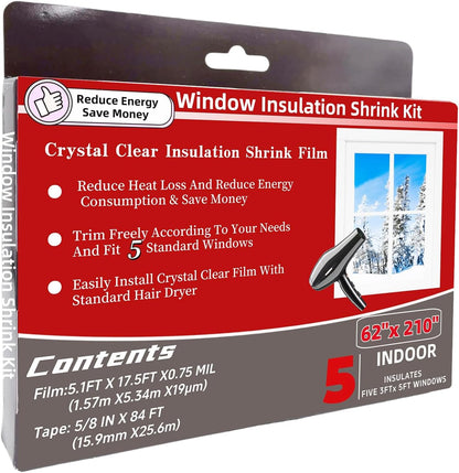 10-Window Shrink Film Window Insulation kit（62-Inch x 420-Inch），Insulating Film Window Kit Keeps Cold Air Out and Warm Air in (10 Windows)