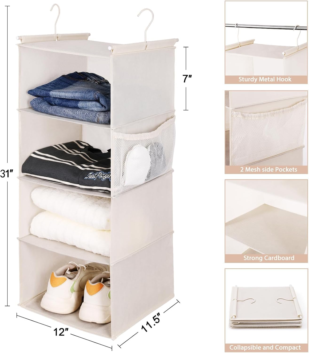 MAX Houser 4-Shelf Hanging Closet Organizer, Space Saver, Cloth Hanging Shelves with 2 Side Pockets, Foldable (Beige)