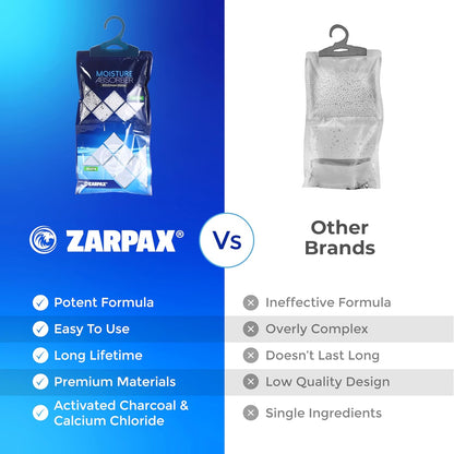 ZARPAX Hanging Moisture Absorber Fresh Cotton 10.6 oz/300g | Moisture Absorbing Bags for Bathroom, Closet, Kitchen & Vehicles | Removes Moisture, Humidity & Odors | Portable Dehumidifier | Set Of 10
