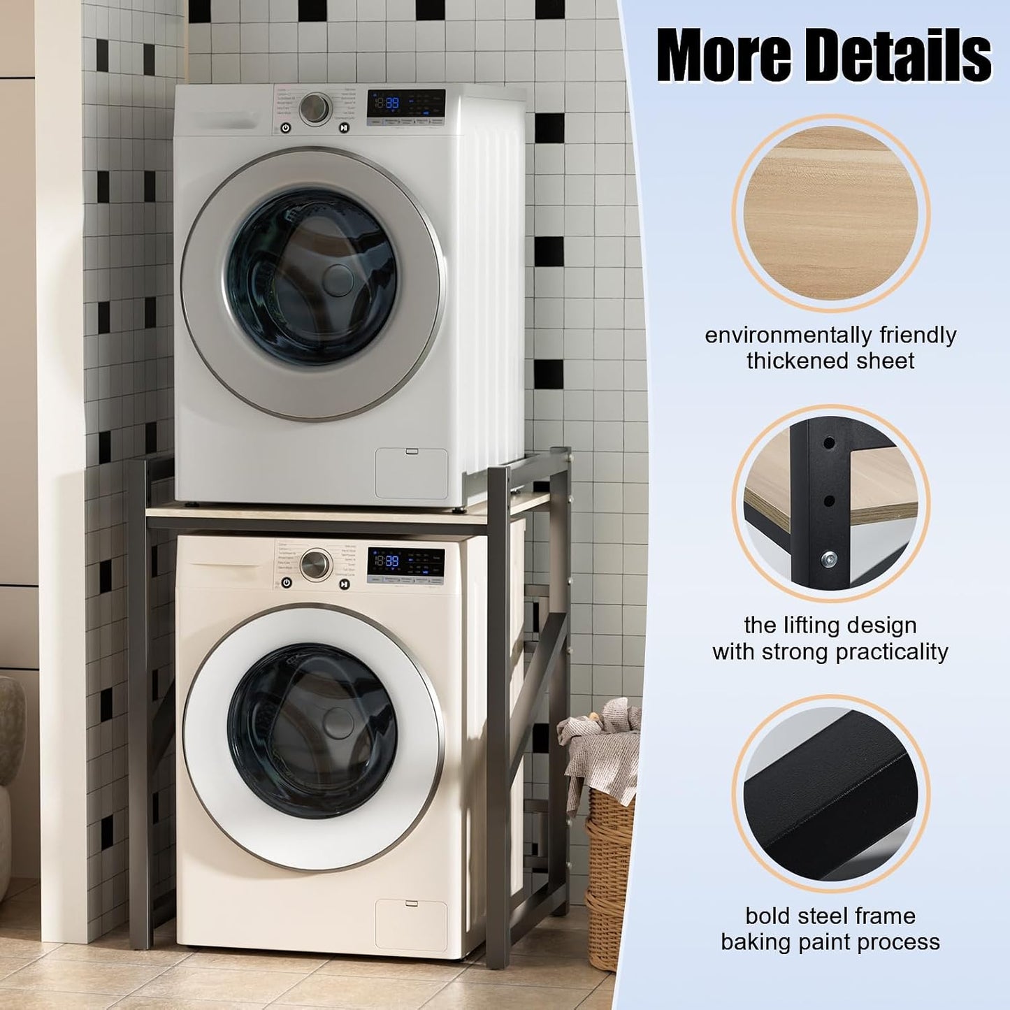 Height Adjustable Over the Washer and Dryer Storage Shelf, Washing Machine Storage Utility Rack with Countertop, Freestanding, Strong Load-bearing, Space-Saving for Laundry Room Apartment Bathroom Bl