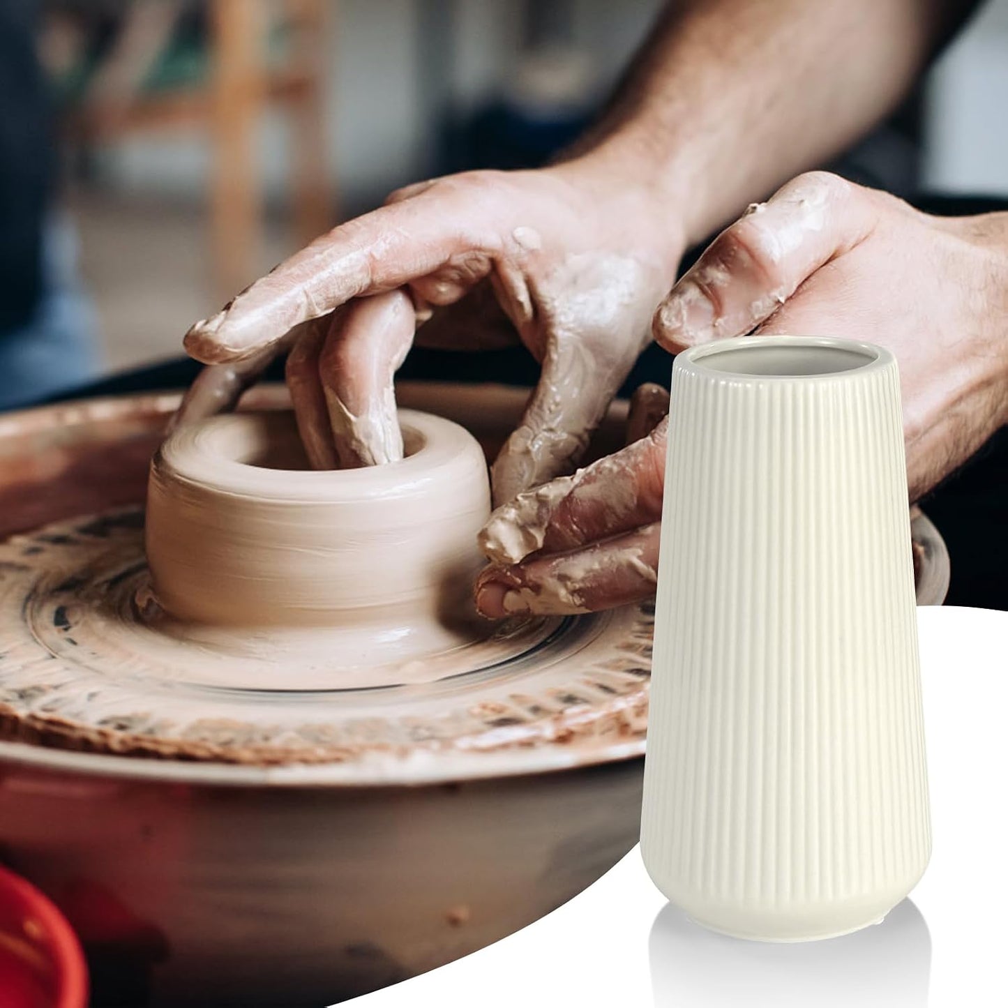 White Ceramic Vase, GUKJOB Small Cute Flower Vase for Pampas Grass, Home, Living Room, Dining Table, Farmhouse, Office Decor, Bedroom, Table, and Kitchen Shelf (White- 2PCS)