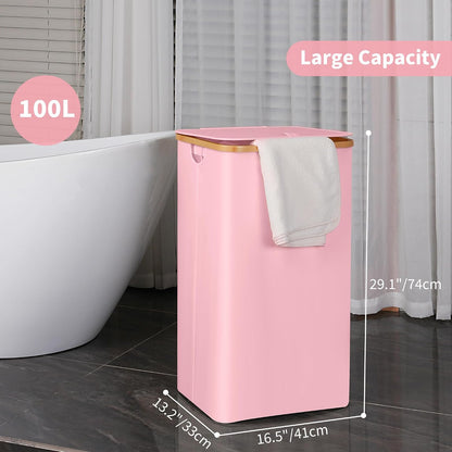 efluky Slim Laundry Basket with Lid, Narrow Laundry Hamper with Removable Bag, Skinny Dirty Clothes Basket with Bamboo Handles for Bathroom, Bedroom & Laundry Room, 75L Beige