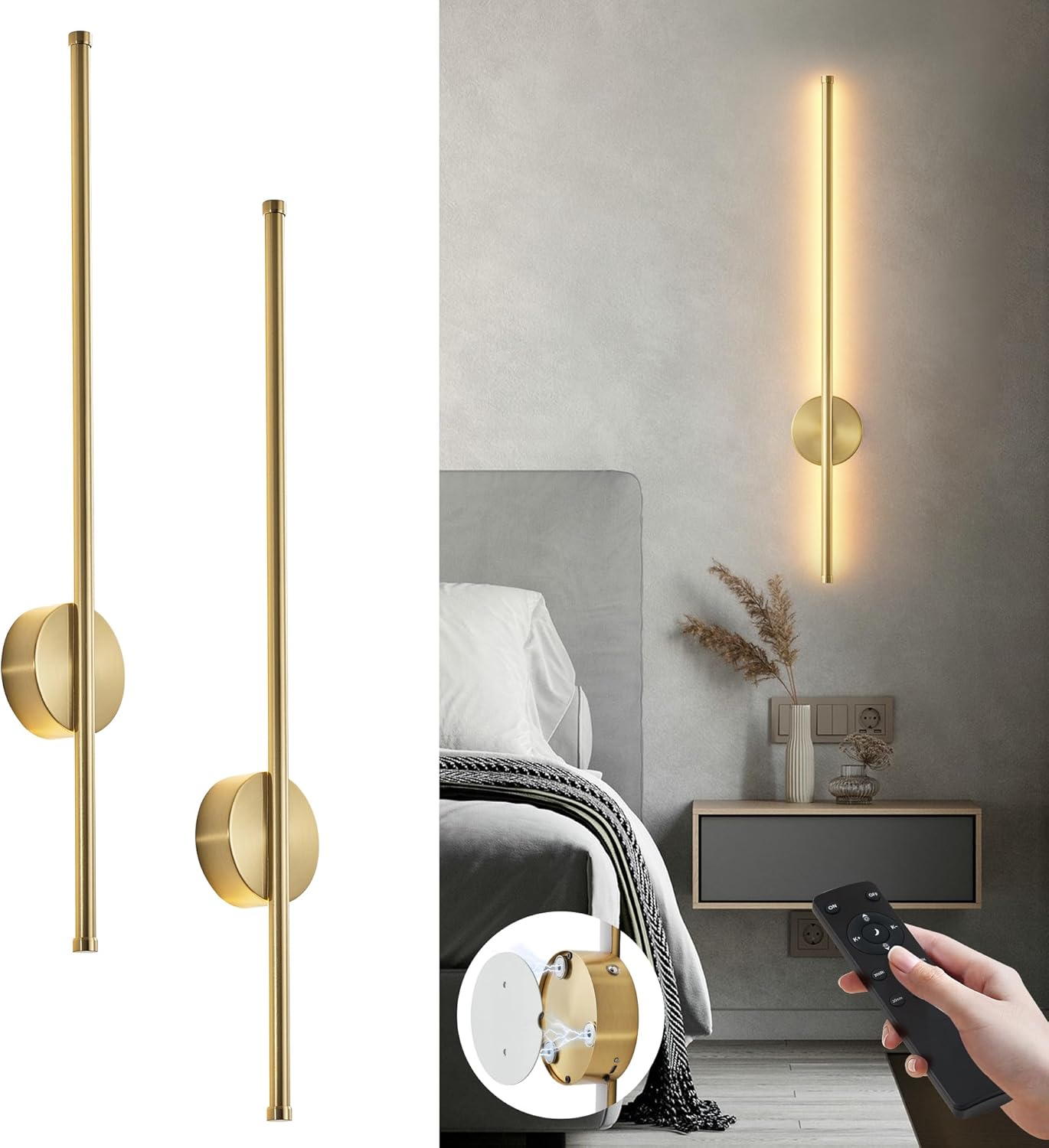 Battery Operated Modern Wall Sconces, Dimmable Wireless Wall Light Set of Two with Remote Control, 3 Color Temperatures, Rechargeable LED Wall Sconce for Bedroom, Living Room, Hallway, 23.6 Inch Brass