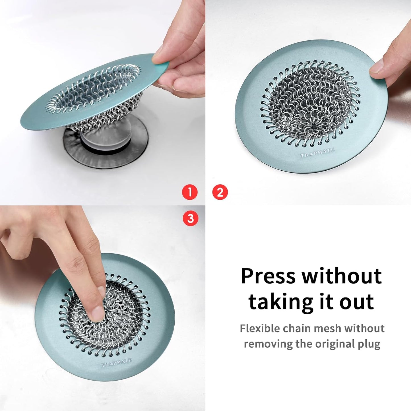 TRAPMATE Shower Drain Hair Catcher, 4.4" Easy Clean Bathtub Drain Hair Catcher, Anti-Slip Bath Tub Drain Protector, Upgraded 304 Stainless Steel Shower Sink Drain Cover for Bathroom (Patented Product)