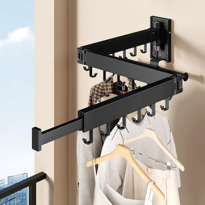 Wall Mounted Tri-Fold Clothes Drying Rack, Heavy Duty Collapsible Laundry Drying Rack, Space-Saving Retractable Foldable Drying Rack Clothes for Laundry Room Balcony Bathroom,Black-Hooks