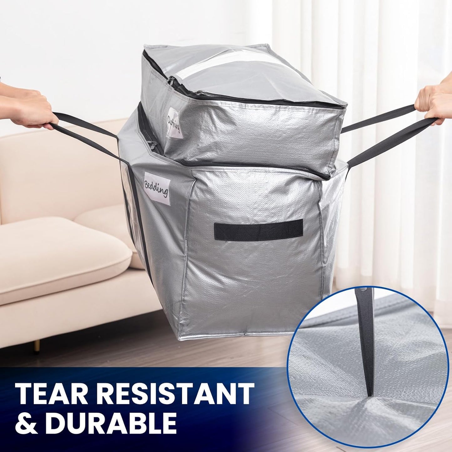 TAILI Extra Large Moving Bags, 4 Pack Blue Heavy Duty Totes For Storage with Visible Window, Wrap Around Handles, Storage Bags for Space Saving, Alternative to Moving Boxes
