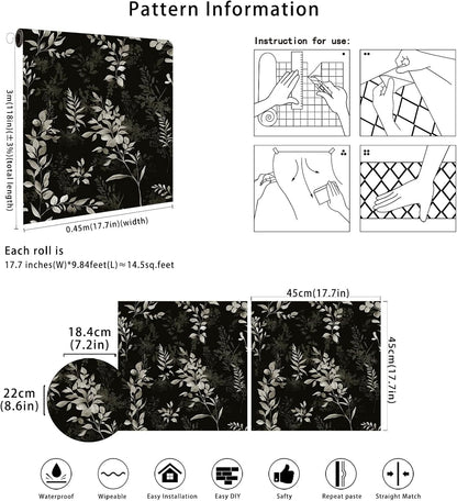 Floralplus Peel and Stick Wallpaper Boho Leaf Removable Wallpaper for Bathroom Renter Leaf Contact Paper for Locker Shelf Liner Vinyl Adhesive Wallpapers Wall Mural Decor 17.5 in x 118 in