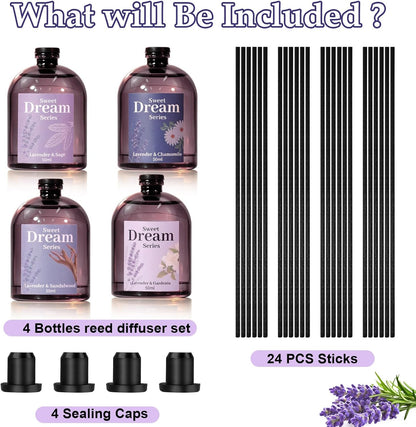 STRN Reed Diffuser Sets, Lavender Scented Oil Diffuser, Fragrance Reed Diffuser with 24 Sticks, 6.8 Fl.oz (200ml), 4 Scents Long-Lasting Air Freshener for Bedroom Bathroom Home Décor